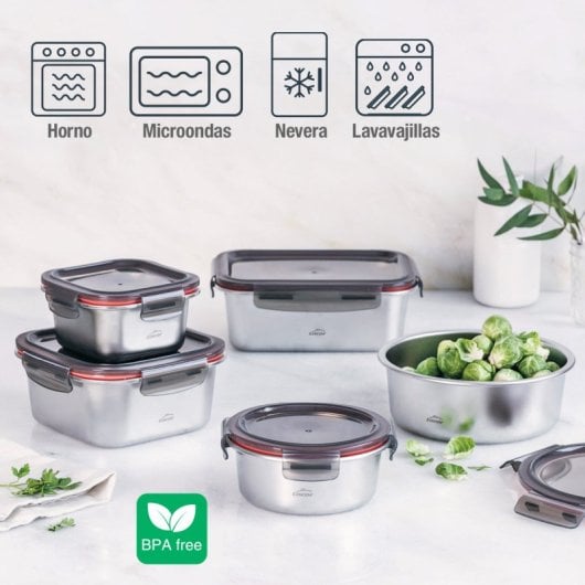 Lacor Ecoinox - Lote De 3 Recipientes Rectangulares De 0.8l, 1.2l Y 1.8l En Acero Inox. Apto Microondas