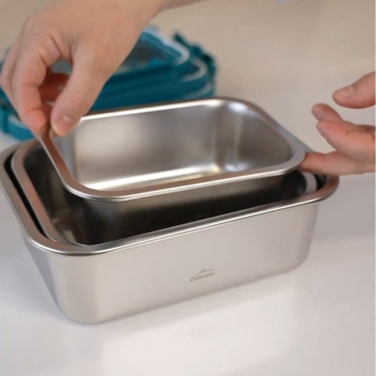 Lacor Ecoinox - Lote De 3 Recipientes Rectangulares De 0.8l, 1.2l Y 1.8l En Acero Inox. Apto Microondas
