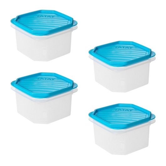 Tatay Top Flex - Juego De 4 Recipientes Octogonales 0.6l Con Cierre A Presión. Azul