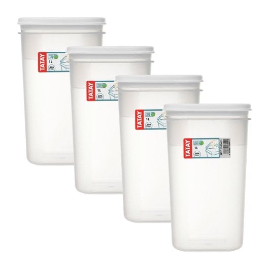 Tatay Top Flex - Set di 4 contenitori quadrati alti da 1 l con coperchi a scatto. Bianco