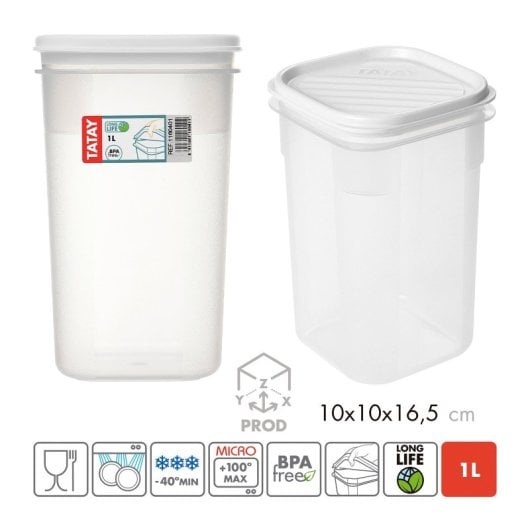 Tatay Top Flex - Set di 4 contenitori quadrati alti da 1 l con coperchi a scatto. Bianco