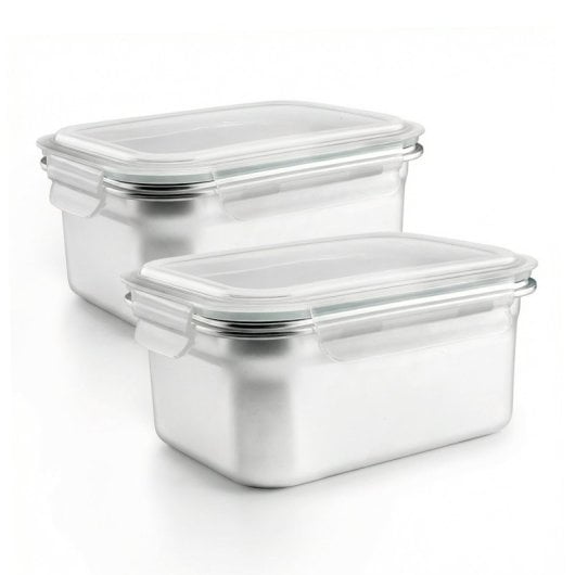 Ibili Keepklin - Lote De 2 Recipientes Rectangulares De 1.6l En Acero Inox. Apto Microondas