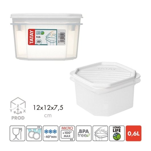 Tatay Top Flex - Contenitore ermetico ottagonale da 0,6 l con chiusura a scatto. Bianco