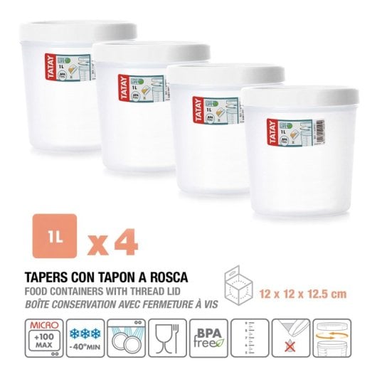 Tatay Twist - Set di 4 contenitori rotondi da 1 litro con coperchi ermetici a vite. Bianco