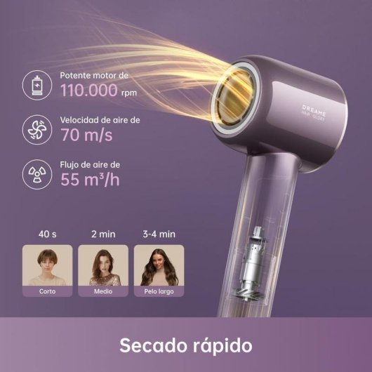 Secador de Cabelo Profissional Dreame Glory Combo 1600W 7 Temperaturas 2 Velocidades Iónico Roxo