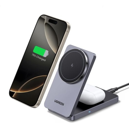 Ugreen MagFlow Cargador Inalámbrico 2 en 1 Magnético para iPhone 16/15/14/13/12 + AirPods Pro 2/3