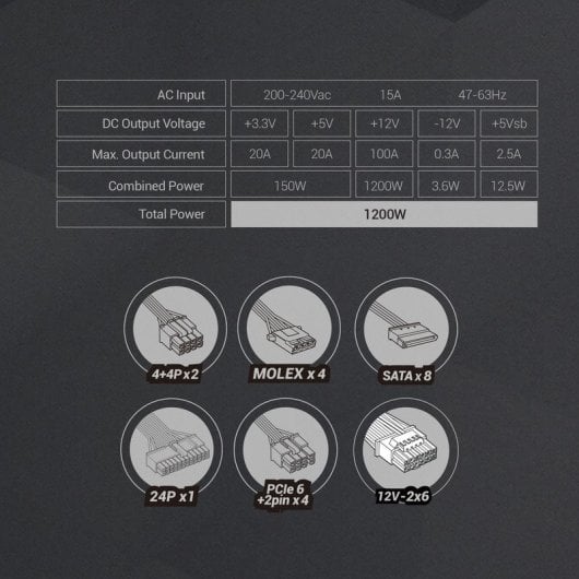 Fonte de alimentação Mars Gaming MPB1200psi 1200W 80 Plus Gold com 10 anos de garantia, preta.