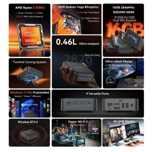 Mini PC Blackview MP50 AMD Ryzen 5 3500U 16GB 512GB SSD Radeon Vega 6 Windows 11 Pro