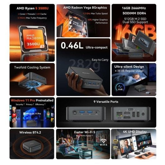 PC de bureau Blackview MP50 AMD Ryzen 5 3500U 16GB 512GB SSD Radeon Vega 6 Windows 11 Pro WiFi 5