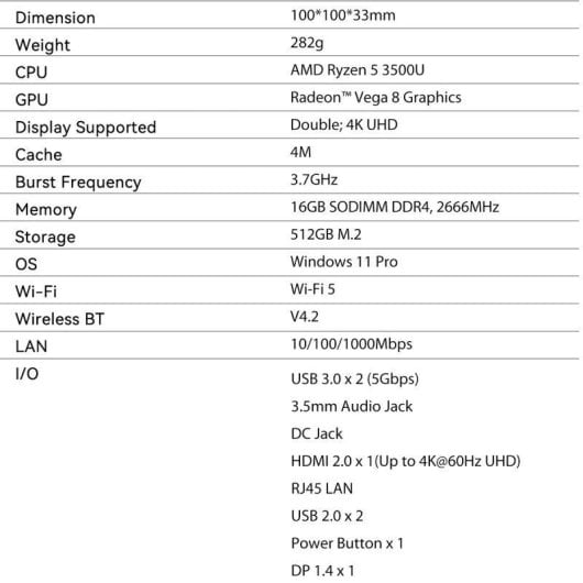 PC de bureau Blackview MP50 AMD Ryzen 5 3500U 16GB 512GB SSD Radeon Vega 6 Windows 11 Pro WiFi 5