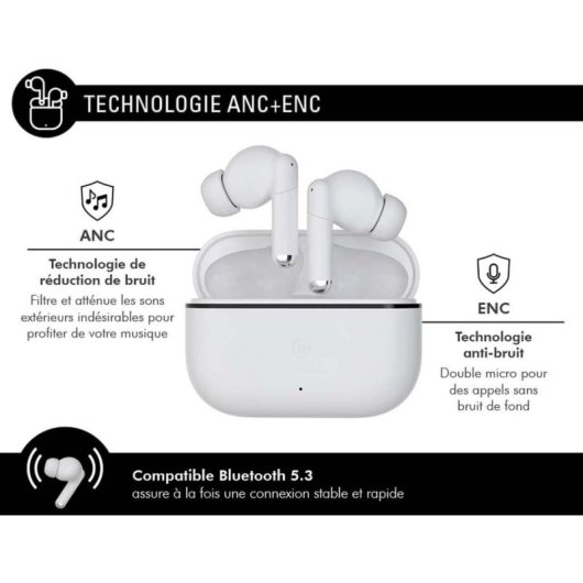 Casque Force Play III sans fil Bluetooth avec réduction de bruit, résistant à l’eau, blanc
