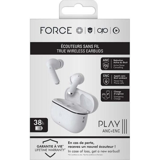Casque Force Play III sans fil Bluetooth avec réduction de bruit, résistant à l’eau, blanc