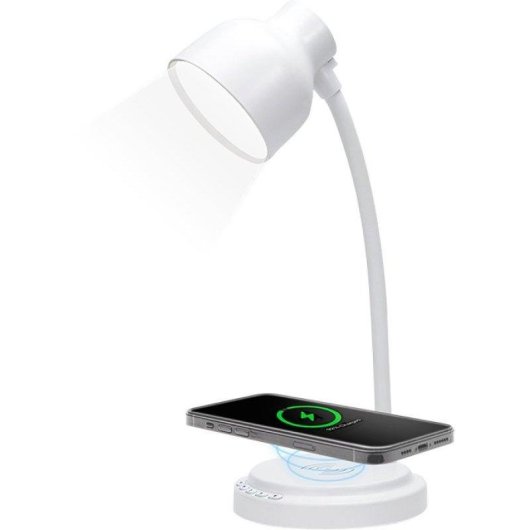 Tischlampe BigBen Connected F151650 mit 15W Qi Induktionsladegerät und Bluetooth-Lautsprecher, flexibel, weiß
