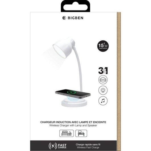 Tischlampe BigBen Connected F151650 mit 15W Qi Induktionsladegerät und Bluetooth-Lautsprecher, flexibel, weiß