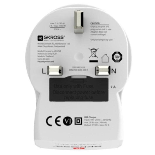 Regleta Skross 1500280 1 Toma Tipo G 2 USB-A Adaptador Europa a Reino Unido