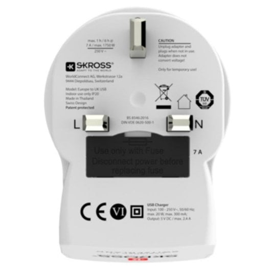 Regleta Skross 1500280 1 Toma Tipo G 2 USB-A Adaptador Europa a Reino Unido