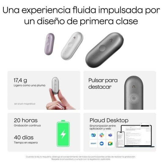 Grabadora de voz Plaud NotePin S IA 64GB Plata transcripción 112 idiomas