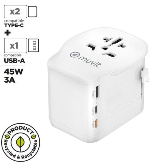 Reiseadapter Muvit For Change Universal 2x USB-C PD45W 1x USB-A Weiß