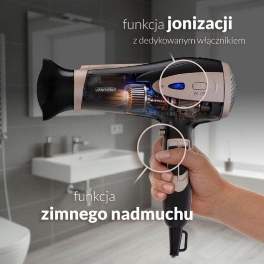 Ionen Föhn Adler MS 2287 2400W 3 Temperaturstufen 2 Geschwindigkeiten mit Diffusor Schwarz Champagner