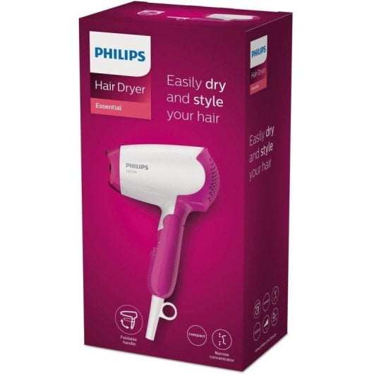 Sèche-cheveux de Voyage Pliable Philips BHD003/00 1400W 1 Température 2 Vitesses Compact Rose Blanc