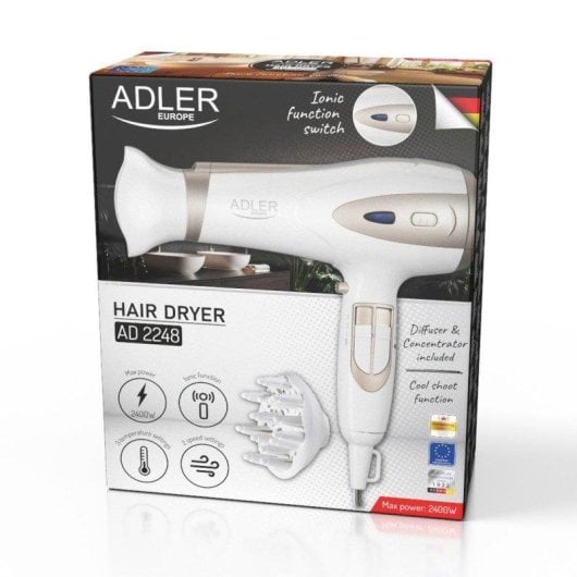 Secador de Cabelo Iónico Adler AD 2248WC 2400W 3 Temperaturas 2 Velocidades com Difusor Branco Champanhe