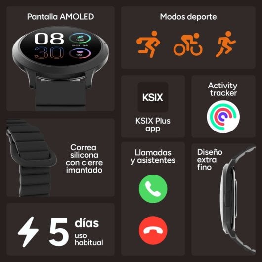 Ksix Core 3 Go Smartwatch AMOLED 1.32" Caja Aleación Zinc Negra, Correa Silicona Magnética Negro