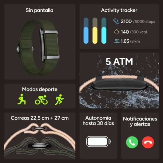Pulseira inteligente Ksix Vitalis Go, bateria com duração de 30 dias, monitorização de saúde, notificações, resistência à água 5ATM, 2 pulseiras de nylon, verde e bege.