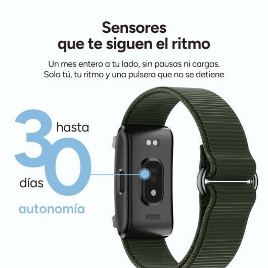 Pulseira inteligente Ksix Vitalis Go, bateria com duração de 30 dias, monitorização de saúde, notificações, resistência à água 5ATM, 2 pulseiras de nylon, verde e bege.