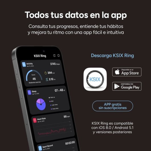 Pulseira inteligente Ksix Vitalis Go, bateria com duração de 30 dias, monitorização de saúde, notificações, resistência à água 5ATM, 2 pulseiras de nylon, verde e bege.