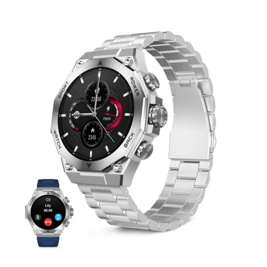 Smartwatch Ksix Titanium Go, ecrã AMOLED de 1,43", 2 braceletes, bateria com duração de 5 dias, modos Desporto e Saúde, chamadas, prateado