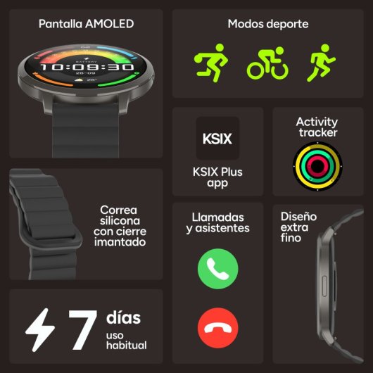 Smartwatch Ksix Core 3 Max Go, display AMOLED da 1,73", durata della batteria di 7 giorni, resistenza all'acqua IP68, cassa in lega di zinco nera, cinturino in silicone magnetico nero