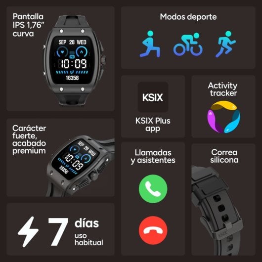 Smartwatch Ksix Hero 2 Go, ecrã IPS de 1,76", bateria com duração de 7 dias, classificação IP68, caixa em liga de zinco cinzenta, bracelete em silicone preta.