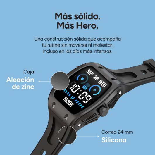 Smartwatch Ksix Hero 2 Go, ecrã IPS de 1,76", bateria com duração de 7 dias, classificação IP68, caixa em liga de zinco cinzenta, bracelete em silicone preta.