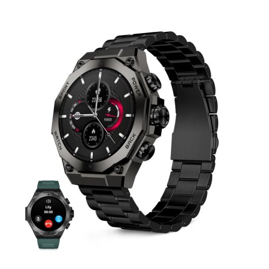 Ksix Titanium Go Bluetooth 55,5mm AMOLED Preto Correas Silicone e Aço IP67 SpO2 Pulsómetro