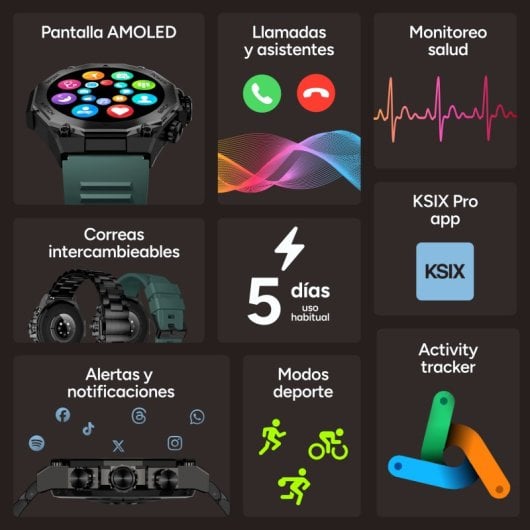 Ksix Titanium Go Bluetooth 55,5mm AMOLED Preto Correas Silicone e Aço IP67 SpO2 Pulsómetro