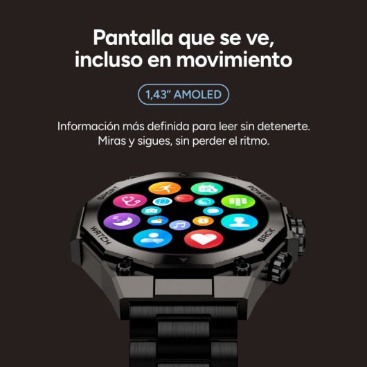 Ksix Titanium Go Bluetooth 55,5mm AMOLED Preto Correas Silicone e Aço IP67 SpO2 Pulsómetro