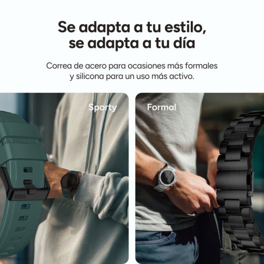 Ksix Titanium Go Bluetooth 55,5mm AMOLED Preto Correas Silicone e Aço IP67 SpO2 Pulsómetro