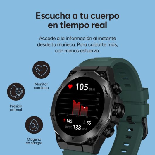 Ksix Titanium Go Bluetooth 55,5mm AMOLED Preto Correas Silicone e Aço IP67 SpO2 Pulsómetro