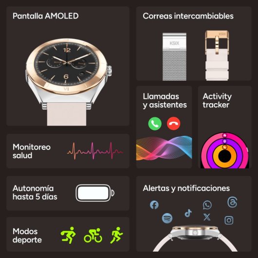 Ksix Lya Go Smartwatch, Pantalla Amoled 1.19", Autonomía 5 Días, Correa Metal Y Silicona Rosa, Modos Deporte Y Salud, Ll