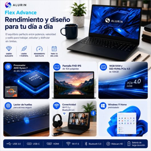 Portátil Alurin Flex Advance AMD Ryzen 7-5825U 15.6"/ 16GB/500GB/Windows 11 Home
