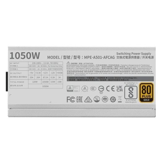 Fuente de Alimentación Cooler Master MWE Gold 1050 V2 1050W 80+ Gold modular blanca