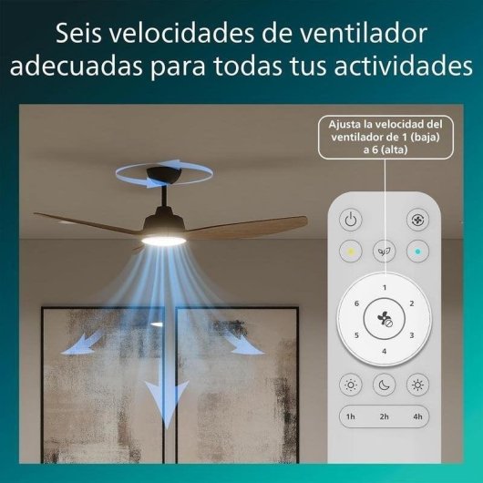 Ventoinha de Teto com Luz Philips Olas 35W 132cm 6 Velocidades Motor DC Comando Preto