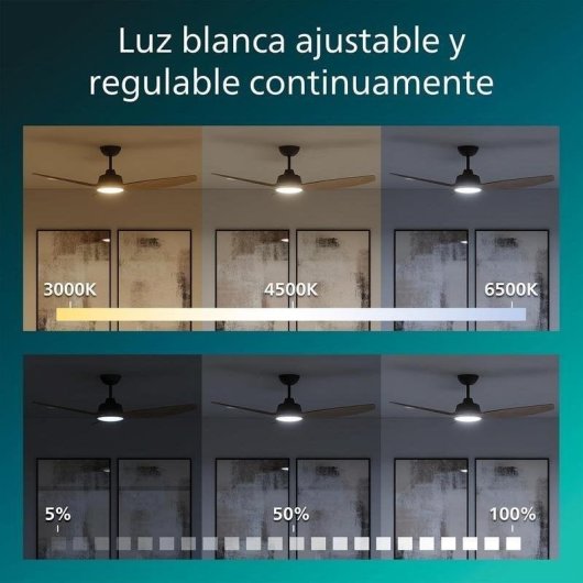 Ventoinha de Teto com Luz Philips Olas 35W 132cm 6 Velocidades Motor DC Comando Preto
