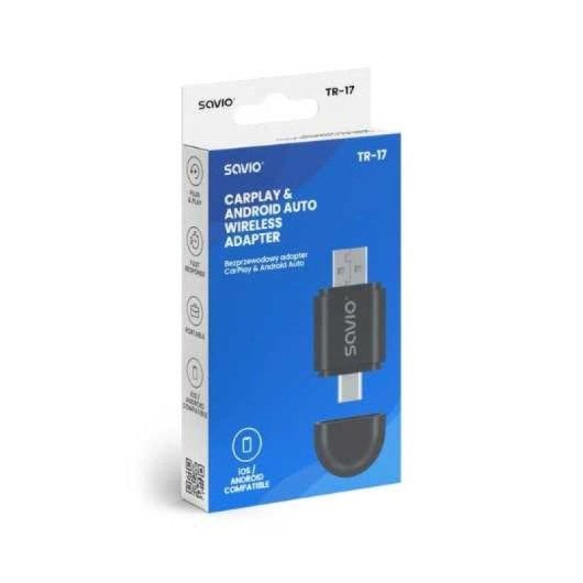 Adattatore wireless Savio TR-17 CarPlay Android Auto USB-A USB-C Nero