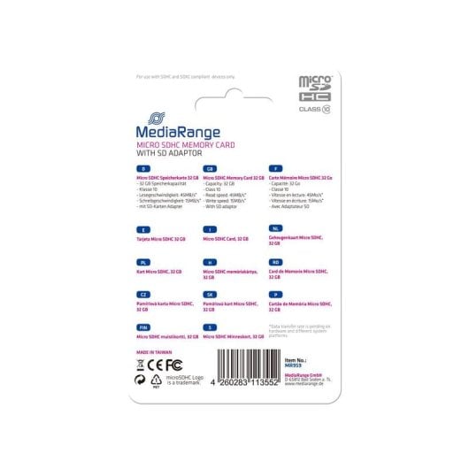 Scheda MicroSDHC Mediarange MR959 32GB Class 10 con Adattatore SD