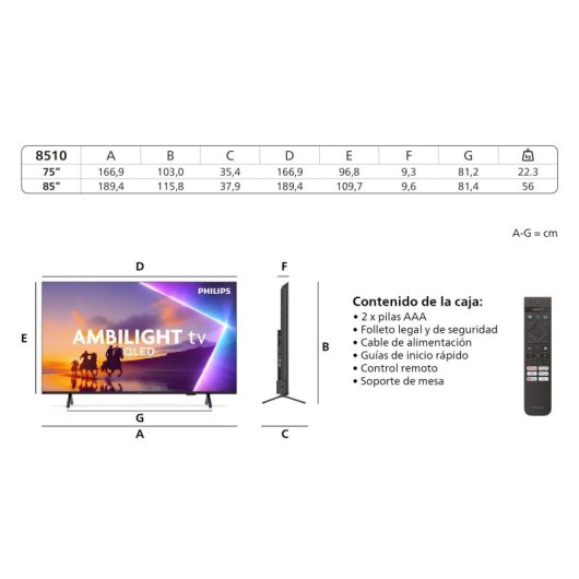 Philips QLED 75PUS8510 75" 4K Ambilight Smart TV Titan OS + Barra de Sonido TAB4000