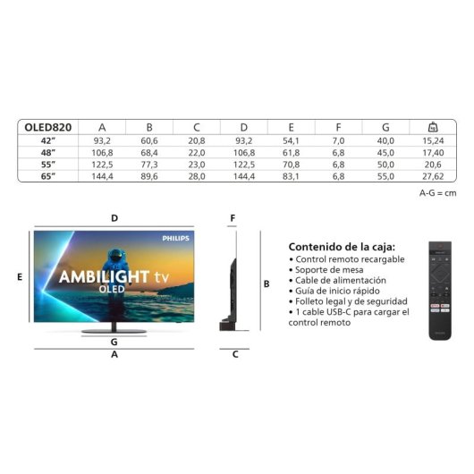 Philips Ambilight OLED 65" 65OLED820 UltraHD 4K Dolby Vision Google TV + Barra de Sonido TAB6100