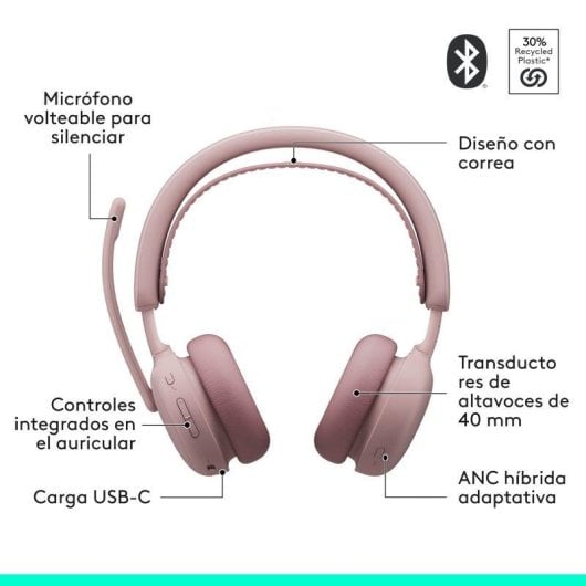 Auriculares Logitech Zone Wireless 2 inalámbricos Bluetooth con Cancelación de Ruido rosa
