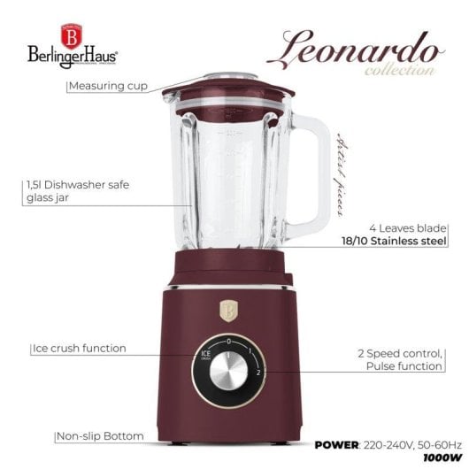 Licuadora Berlinger Haus Leonardo BH9494 1000W Jarra Vidrio 1,5L Bordeaux Mate