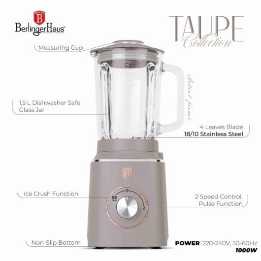 Liquidificadora Berlinger Haus Taupe BH9496 1000W Jarra Vidro 1,5L 2 Velocidades